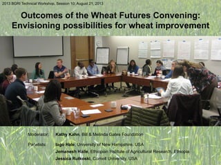Outcomes of the Wheat Futures Convening:
Envisioning possibilities for wheat improvement
2013 BGRI Technical Workshop, Session 10; August 21, 2013
Moderator: Kathy Kahn, Bill & Melinda Gates Foundation
Panelists: Iago Hale, University of New Hampshire, USA
Jemanesh Haile, Ethiopian Institute of Agricultural Research, Ethiopia
Jessica Rutkoski, Cornell University, USA
 