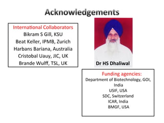 InternaDonal	
  Collaborators	
  
Bikram	
  S	
  Gill,	
  KSU	
  	
  
Beat	
  Keller,	
  IPMB,	
  Zurich	
  
Harbans	
  Bariana,	
  Australia	
  
Cristobal	
  Uauy,	
  JIC,	
  UK	
  
Brande	
  Wulﬀ,	
  TSL,	
  UK	
  
	
  
	
  	
  	
  	
  	
  	
  Funding	
  agencies: 	
  	
  
Department	
  of	
  Biotechnology,	
  GOI,	
  
India	
  
USIF,	
  USA	
  
SDC,	
  Switzerland	
  
ICAR,	
  India	
  
	
  BMGF,	
  USA	
  
	
  
Dr	
  HS	
  Dhaliwal	
  
 