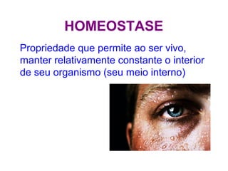 HOMEOSTASE
Propriedade que permite ao ser vivo,
manter relativamente constante o interior
de seu organismo (seu meio interno)
 