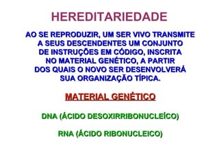 HEREDITARIEDADE
AO SE REPRODUZIR, UM SER VIVO TRANSMITEAO SE REPRODUZIR, UM SER VIVO TRANSMITE
A SEUS DESCENDENTES UM CONJUNTOA SEUS DESCENDENTES UM CONJUNTO
DE INSTRUÇÕES EM CÓDIGO, INSCRITADE INSTRUÇÕES EM CÓDIGO, INSCRITA
NO MATERIAL GENÉTICO, A PARTIRNO MATERIAL GENÉTICO, A PARTIR
DOS QUAIS O NOVO SER DESENVOLVERÁDOS QUAIS O NOVO SER DESENVOLVERÁ
SUA ORGANIZAÇÃO TÍPICA.SUA ORGANIZAÇÃO TÍPICA.
MATERIAL GENÉTICOMATERIAL GENÉTICO
DNA (ÁCIDO DESOXIRRIBONUCLEÍCO)DNA (ÁCIDO DESOXIRRIBONUCLEÍCO)
RNA (ÁCIDO RIBONUCLEICO)RNA (ÁCIDO RIBONUCLEICO)
 