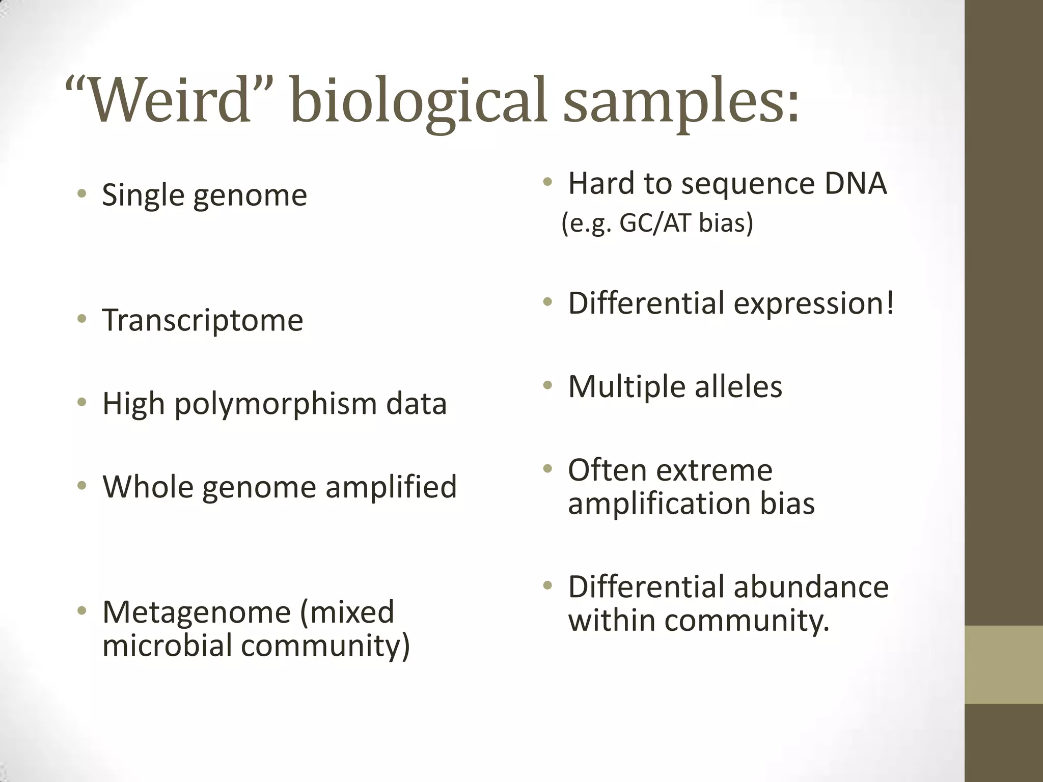 “Weird” biological samples:
• Single genome
• Transcriptome
• High polymorphism data
• Whole genome amplified
• Metagenome (mixed
microbial community)
• Hard to sequence DNA
(e.g. GC/AT bias)
• Differential expression!
• Multiple alleles
• Often extreme
amplification bias
• Differential abundance
within community.
 