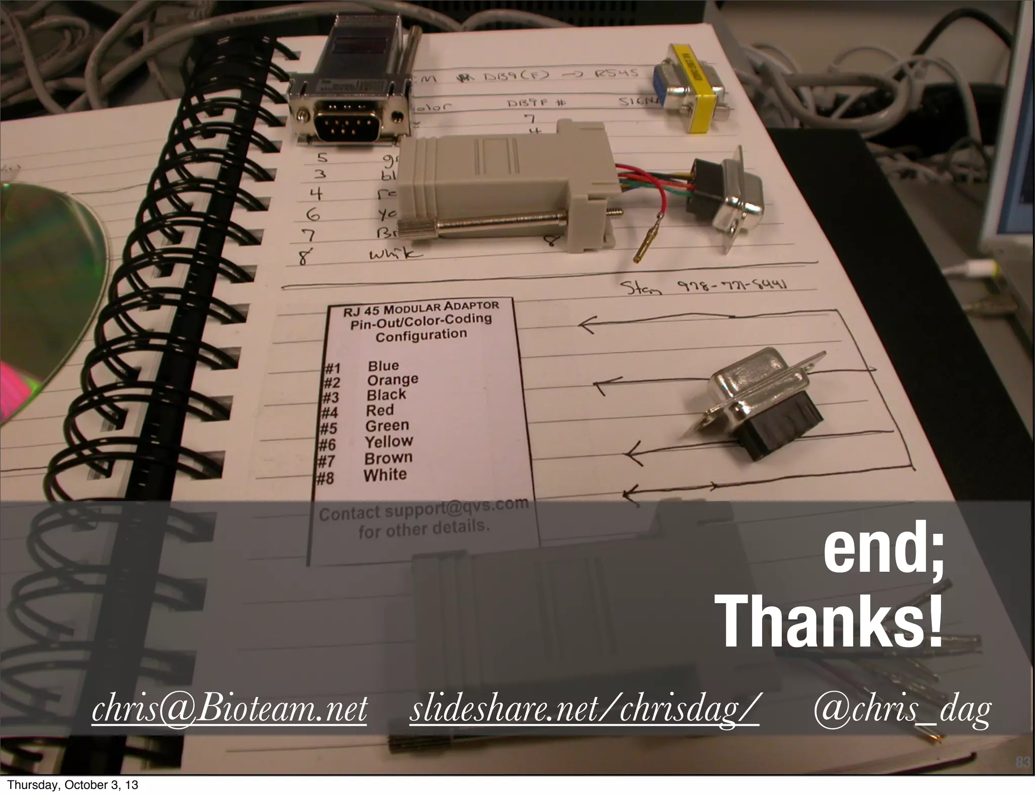 83
end;
Thanks!
chris@Bioteam.net slideshare.net/chrisdag/ @chris_dag
Thursday, October 3, 13
 