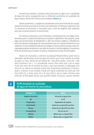 128 PLANTAR, CRIAR E CONSERVAR: unindo produtividade e meio ambiente
CAPÍTULO 7
Sanada esta questão, o produtor deve preocupar-se agora com a qualidade
da água do viveiro, assegurando que os diferentes parâmetros de qualidade de
água estejam dentro dos limites recomendados (tabela 2).
Destes parâmetros, o oxigênio é considerado como fator limitante da criação,
obviamente porque sem ele os animais não sobrevivem. Entretanto, sobreviver não
é o bastante ao piscicultor, é necessário que o nível de oxigênio seja suficiente
para que os peixes possam se desenvolver.
Em sistemas extensivos e semi-intensivos, a contribuição das microalgas via fo-
tossíntese para o sustento da biomassa de peixes é significativa. No conjunto, essas
algas são denominadas de fitoplâncton e, além de produzir oxigênio, o fitoplâncton
serve de alimento à população de microcrustáceos que em conjunto denomina-se zo-
oplâncton. A comunidade formada por microalgase microcrustáceosrecebe a denomi-
nação generalizada de plâncton, que além de manter o nível de oxigênio, é importante
fonte de alimento para os peixes no viveiro, notadamente na fase de alevinagem.
Apesar de necessário, o estímulo à produção fitoplanctônica pode levar a
alterações significativas do pH da água do viveiro, que é uma medida da acidez
da água, ou seja, valores de pH abaixo de 7 são ditos ácidos, acima de 7 são
ditos alcalinos e pH = 7 é considerado neutro. Para evitar que o pH se eleve
muito (em torno de 9) ao final da tarde, e que caia durante a madrugada (em
torno de 5), devem-se controlar outros dois importantes parâmetros: a alcalini-
dade e a dureza. A sua medida é dada em mg de carbonato de cálcio por litro
(mg CaCO3/L), e níveis entre 20 e 30 mg CaCO3/L são os níveis mínimos para
amenizar as flutuações de pH, que quando amplas e bruscas, causam estresse
PARÂMETRO NÍVEL
Oxigênio dissolvido Acima de 4 mg por litro
pH 6 a 8
Temperatura Dependente da espécie
Alcalinidade Acima de 30 mg CaCO3 por litro
Dureza Acima de 30 mg CaCO3 por litro
Transparência De 30 a 50 cm
Amônia Menor que 0,1 mg por litro
Nitrito Menor que 0,7 mg por litro
2 Perfil desejado de qualidade
de água de viveiros de piscicultura.
 