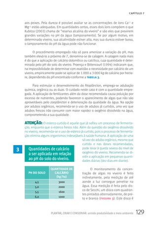 129PLANTAR, CRIAR E CONSERVAR: unindo produtividade e meio ambiente
CAPÍTULO 7
aos peixes. Pela dureza é possível avaliar se as concentrações de íons Ca+2 e
Mg+2 estão adequadas. Em quantidades certas, esses dois íons compõem o que
Kubitza (2003) chama de “reserva alcalina do viveiro” e são eles que previnem
grandes variações no pH da água (tamponamento). Se por algum motivo, em
determinado viveiro, sua alcalinidade estiver alta, mas sua dureza estiver baixa,
o tamponamento do pH da água pode não funcionar.
O procedimento empregado não só para amenizar a variação do pH, mas
também elevá-lo a próximo de 7, denomina-se de calagem. A calagem nada mais
é do que a aplicação de calcário dolomítico ou calcítico, cuja quantidade é deter-
minada pelo pH do solo do viveiro. Proença e Bittencourt (1994) indicaram que,
na impossibilidade de determinar com exatidão a necessidade por calcário de um
viveiro, empiricamente pode-se aplicar de 1.000 a 3.000 kg de calcário por hecta-
re, dependendo do pH encontrado conforme a tabela 3.
Para estimular o desenvolvimento do fitoplâncton, emprega-se adubação
química, orgânica ou as duas. O cuidado neste caso é com a quantidade empre-
gada. A aplicação de fertilizantes além da dose recomendada causa poluição por
excesso de nutrientes, podendo favorecer o aparecimento de algas que não são
aproveitáveis pelo zooplâncton e deterioração da qualidade da água. Na opção
por adubos orgânicos, recomenda-se o uso de adubos já curtidos, uma vez que
adubos frescos irão consumir com maior rapidez o oxigênio dissolvido na água,
comprometendo a sua qualidade.
ATENÇÃO: O esterco curtido é aquele que já sofreu um processo de fermenta-
ção, enquanto que o esterco fresco não. Além da questão do oxigênio dissolvido
no viveiro, recomenda-se o uso de esterco já curtido, pois o processo de fermenta-
ção elimina alguns organismos indesejáveis à saúde humana. A aplicação de uma
só vez do adubo orgânico, mesmo que
curtido e nas doses recomendadas,
pode levar à queda severa do nível de
oxigênio do viveiro. Recomenda-se di-
vidir a aplicação em pequenas quanti-
dades diárias (dez dias em diante).
O monitoramento da concen-
tração de algas no viveiro é feito
indiretamente, pela medição de até
aonde a luz consegue penetrar na
água. Essa medição é feita pelo dis-
co de Secchi, um disco com quadran-
tes pintados alternadamente, de pre-
to e branco (figura 3). Este disco é
PH DO SOLO
QUANTIDADE DE
CALCÁRIO
(kg/ha)
4,5 3000
5,0 2000
5,5 1600
6,0 1000
3 Quantidades de calcário
a ser aplicada em relação
ao pH do solo do viveiro.
 