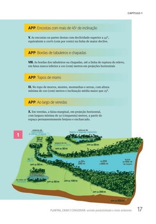 17PLANTAR, CRIAR E CONSERVAR: unindo produtividade e meio ambiente
CAPÍTULO 1
V. As encostas ou partes destas com declividade superior a 45°,
equivalente a 100% (cem por cento) na linha de maior declive.
VIII. As bordas dos tabuleiros ou chapadas, até a linha de ruptura do relevo,
em faixa nunca inferior a 100 (cem) metros em projeções horizontais
IX. No topo de morros, montes, montanhas e serras, com altura
mínima de 100 (cem) metros e inclinação média maior que 25°.
X. Em veredas, a faixa marginal, em projeção horizontal,
com largura mínima de 50 (cinquenta) metros, a partir do
espaço permanentemente brejoso e encharcado.
CAPÍTULO 1
1
APP: Encostas com mais de 45o de inclinação
APP: Bordas de tabuleiros e chapadas
APP: Topos de morro
APP: Ao largo de veredas
 