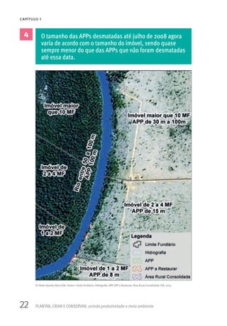 22 PLANTAR, CRIAR E CONSERVAR: unindo produtividade e meio ambiente
CAPÍTULO 1
4 O tamanho das APPs desmatadas até julho de 2008 agora
varia de acordo com o tamanho do imóvel, sendo quase
sempre menor do que das APPs que não foram desmatadas
até essa data.
© Heber Querioz Alves/ISA. Fontes: Limite fundiário, Hidrografia, APP, APP a Restaurar, Área Rural Consolidada: ISA, 2013.
 