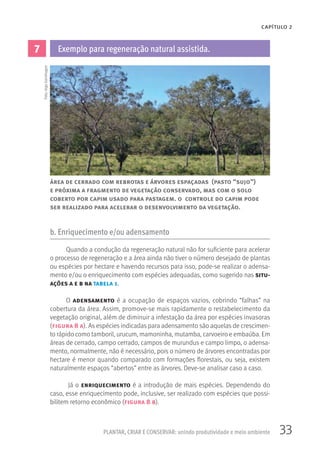 33PLANTAR, CRIAR E CONSERVAR: unindo produtividade e meio ambiente
CAPÍTULO 2
b. Enriquecimento e/ou adensamento
Quando a condução da regeneração natural não for suficiente para acelerar
o processo de regeneração e a área ainda não tiver o número desejado de plantas
ou espécies por hectare e havendo recursos para isso, pode-se realizar o adensa-
mento e/ou o enriquecimento com espécies adequadas, como sugerido nas situ-
ações a e b na tabela 1.
O adensamento é a ocupação de espaços vazios, cobrindo “falhas” na
cobertura da área. Assim, promove-se mais rapidamente o restabelecimento da
vegetação original, além de diminuir a infestação da área por espécies invasoras
(figura 8 a). As espécies indicadas para adensamento são aquelas de crescimen-
to rápido como tamboril, urucum, mamoninha, mutamba, carvoeiro e embaúba. Em
áreas de cerrado, campo cerrado, campos de murundus e campo limpo, o adensa-
mento, normalmente, não é necessário, pois o número de árvores encontradas por
hectare é menor quando comparado com formações florestais, ou seja, existem
naturalmente espaços “abertos” entre as árvores. Deve-se analisar caso a caso.
Já o enriquecimento é a introdução de mais espécies. Dependendo do
caso, esse enriquecimento pode, inclusive, ser realizado com espécies que possi-
bilitem retorno econômico (figura 8 b).
área de cerrado com rebrotas e árvores espaçadas (pasto “sujo”)
e próxima a fragmento de vegetação conservado, mas com o solo
coberto por capim usado para pastagem. o controle do capim pode
ser realizado para acelerar o desenvolvimento da vegetação.
7 Exemplo para regeneração natural assistida.
Foto:IngoIsernhagen
 
