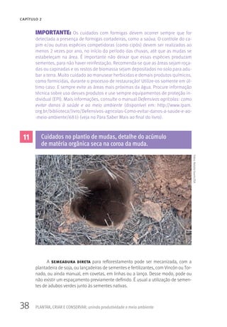 38 PLANTAR, CRIAR E CONSERVAR: unindo produtividade e meio ambiente
CAPÍTULO 2
IMPORTANTE: Os cuidados com formigas devem ocorrer sempre que for
detectada a presença de formigas cortadeiras, como a saúva. O controle do ca-
pim e/ou outras espécies competidoras (como cipós) devem ser realizados ao
menos 2 vezes por ano, no início do período das chuvas, até que as mudas se
estabeleçam na área. É importante não deixar que essas espécies produzam
sementes, para não haver reinfestação. Recomenda-se que as áreas sejam roça-
das ou capinadas e os restos de biomassa sejam depositados no solo para adu-
bar a terra. Muito cuidado ao manusear herbicidas e demais produtos químicos,
como formicidas, durante o processo de restauração! Utilize-os somente em úl-
timo caso. E sempre evite as áreas mais próximas da água. Procure informação
técnica sobre uso desses produtos e use sempre equipamentos de proteção in-
dividual (EPI). Mais informações, consulte o manual Defensivos agrícolas: como
evitar danos à saúde e ao meio ambiente (disponível em: http://www.ipam.
org.br/biblioteca/livro/Defensivos-agricolas-Como-evitar-danos-a-saude-e-ao-
-meio-ambiente/681) (veja no Para Saber Mais ao final do livro).
11 Cuidados no plantio de mudas, detalhe do acúmulo
de matéria orgânica seca na coroa da muda.
Fotos:NataliaGuerin/ISA
A semeadura direta para reflorestamento pode ser mecanizada, com a
plantadeira de soja, ou lançadeiras de sementes e fertilizantes, com Vincón ou Tor-
nado, ou ainda manual, em covetas, em linhas ou a lanço. Desse modo, pode ou
não existir um espaçamento previamente definido. É usual a utilização de semen-
tes de adubos verdes junto às sementes nativas.
 