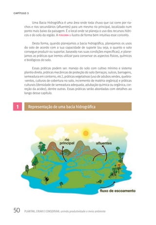 50 PLANTAR, CRIAR E CONSERVAR: unindo produtividade e meio ambiente
CAPÍTULO 3
Uma Bacia Hidrográfica é uma área onde toda chuva que cai corre por ria-
chos e rios secundários (afluentes) para um mesmo rio principal, localizado num
ponto mais baixo da paisagem. É o local onde se planeja o uso dos recursos hídri-
cos e do solo da região. A figura 1 ilustra de forma bem intuitiva esse conceito.
Desta forma, quando planejamos a bacia hidrográfica, planejamos os usos
do solo de acordo com a sua capacidade de suporte (ou seja, o quanto o solo
consegue produzir ou suportar, baseado nas suas condições específicas), e plane-
jamos as práticas que iremos utilizar para conservar os aspectos físicos, químicos
e biológicos do solo.
Essas práticas podem ser: manejo do solo com cultivo mínimo e sistema
plantio direto, práticas mecânicas de proteção do solo (terraços, sulcos, barragens,
semeadura em contorno, etc.), práticas vegetativas (uso de adubos verdes, quebra-
-ventos, culturas de cobertura no solo, incremento de matéria orgânica) e práticas
culturais (densidade de semeadura adequada, adubação química ou orgânica, cor-
reção da acidez), dentre outras. Essas práticas serão abordadas com detalhes ao
longo desse capítulo.
1 Representação de uma bacia hidrográfica
 