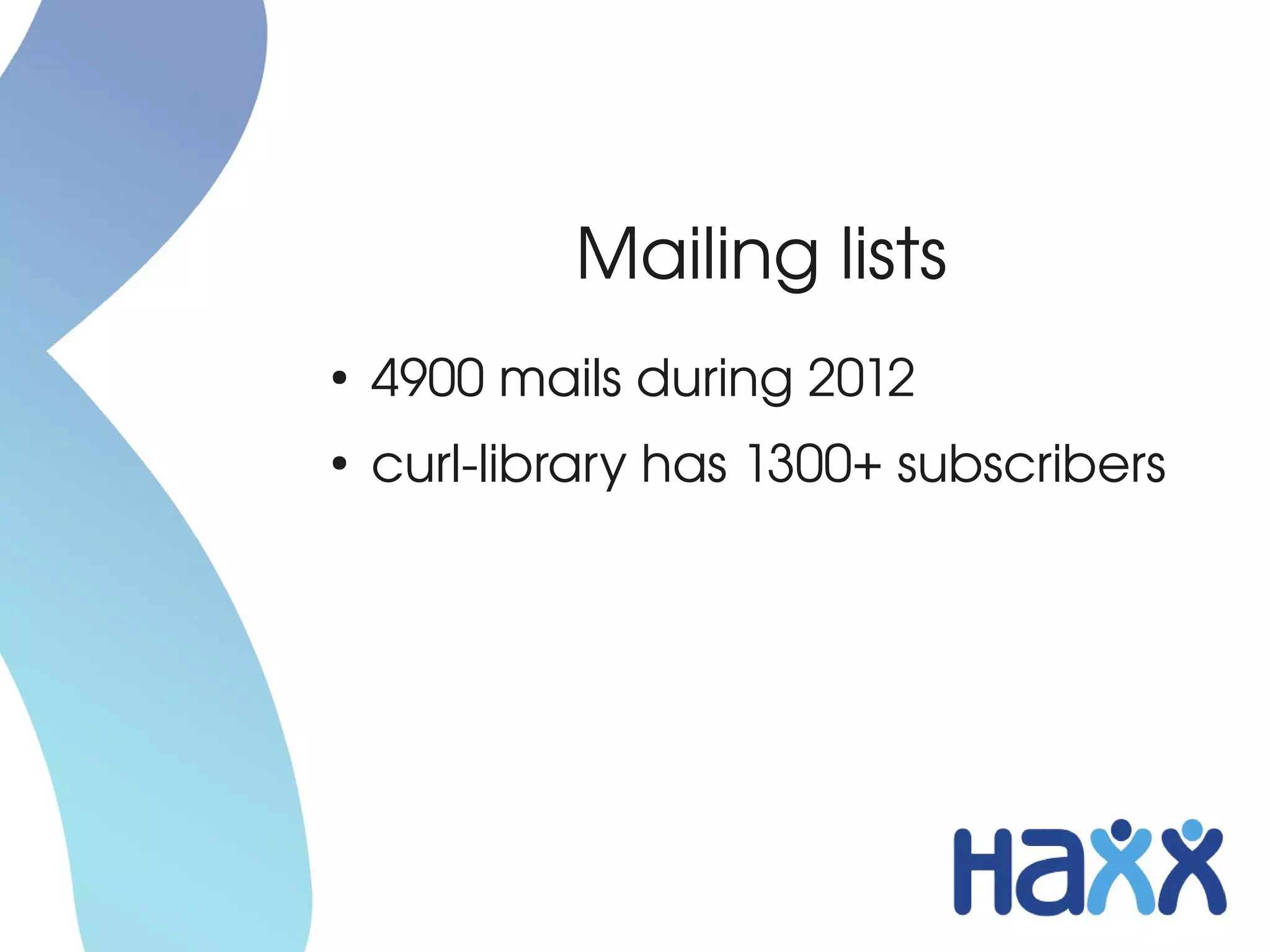 Mailing lists
●
    4900 mails during 2012
●
    curl­library has 1300+ subscribers
 