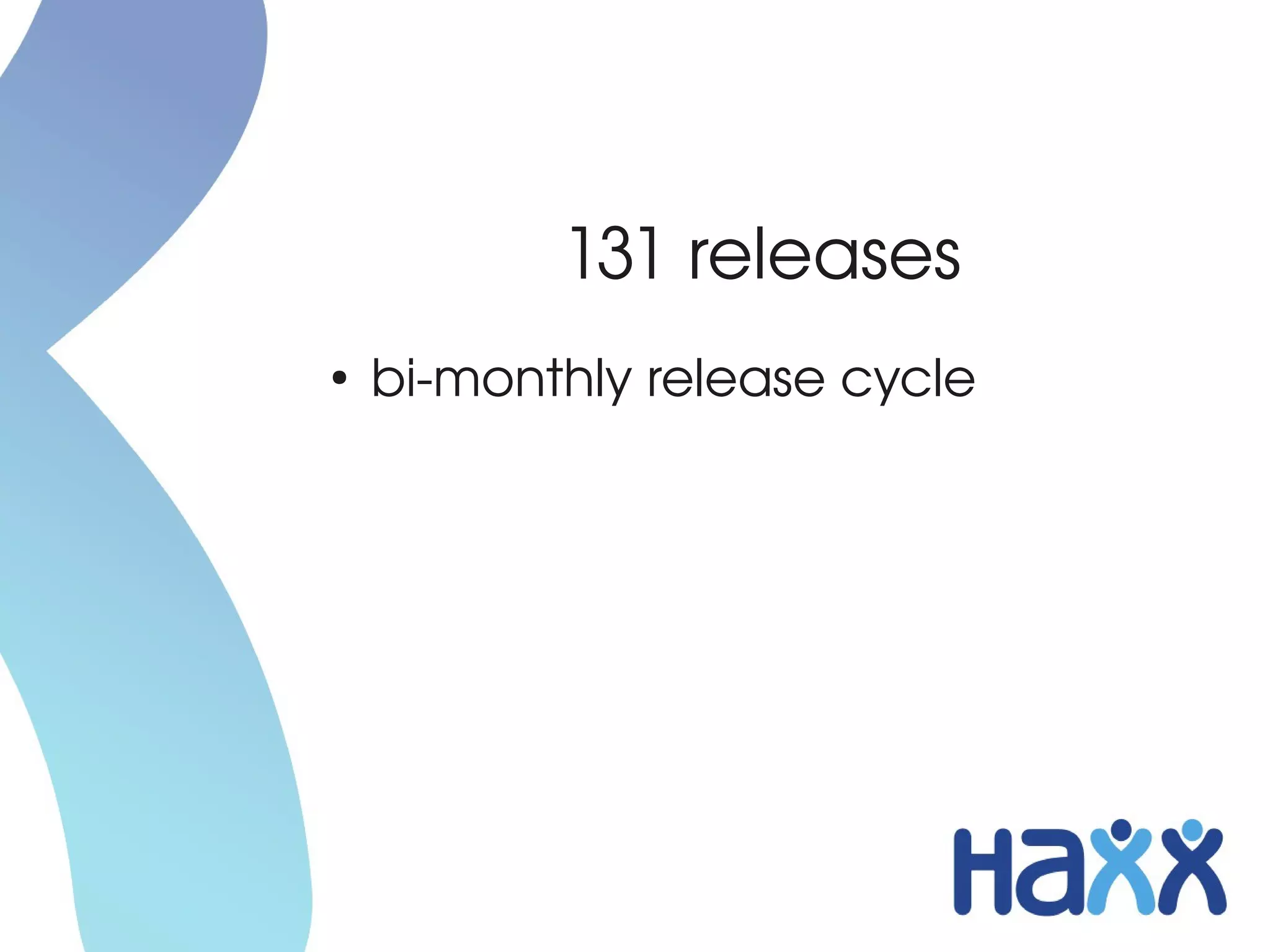 131 releases
●
    bi­monthly release cycle
 