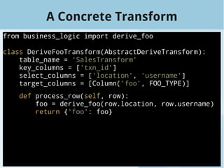 A Concrete Transform
from business_logic import derive_foo
class DeriveFooTransform(AbstractDeriveTransform):
table_name = 'SalesTransform'
key_columns = ['txn_id']
select_columns = ['location', 'username']
target_columns = [Column('foo', FOO_TYPE)]
def process_row(self, row):
foo = derive_foo(row.location, row.username)
return {'foo': foo}
 