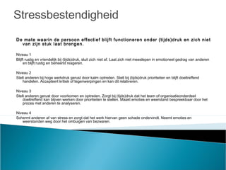 Stressbestendigheid
De mate waarin de persoon effectief blijft functioneren onder (tijds)druk en zich niet
van zijn stuk laat brengen.
Niveau 1
Blijft rustig en vriendelijk bij (tijds)druk, sluit zich niet af. Laat zich niet meeslepen in emotioneel gedrag van anderen
en blijft rustig en beheerst reageren.
Niveau 2
Stelt anderen bij hoge werkdruk gerust door kalm optreden. Stelt bij (tijds)druk prioriteiten en blijft doeltreffend
handelen. Accepteert kritiek of tegenwerpingen en kan dit relativeren.
Niveau 3
Stelt anderen gerust door voorkomen en optreden. Zorgt bij (tijds)druk dat het team of organisatieonderdeel
doeltreffend kan blijven werken door prioriteiten te stellen. Maakt emoties en weerstand bespreekbaar door het
proces met anderen te analyseren.
Niveau 4
Schermt anderen af van stress en zorgt dat het werk hiervan geen schade ondervindt. Neemt emoties en
weerstanden weg door het ombuigen van bezwaren.
 