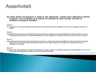 Assertiviteit
De mate waarin de persoon in staat is een adequate, rustige doch effectieve reactie
te geven, voor zichzelf op te komen en wensen te uiten zonder zichzelf of
anderen onnodig te kwetsen.
Niveau 1
Is zich bewust van het spanningsveld tussen eigen en andermans verantwoordelijkheid. Durft ‘nee’ te zeggen en grenzen te
stellen.
Niveau 2
Draagt zelfstandig zorg voor voldoende balans tussen eigen en andermans verantwoordelijkheid. Geeft knelpunten aan met
betrekking tot eigen taken en verantwoordelijkheden. Weet in gespannen situaties de emoties onder controle te houden.
Niveau 3
Weet prima te laveren binnen het spanningsveld van eigen en andermans verantwoordelijkheid. Weet in gespannen situaties
adequaat en rustig op te treden. Stimuleert anderen om hun eigen ideeën en meningen uit te spreken en voor hun
belangen op te komen.
Niveau 4
Stimuleert een organisatiecultuur waarin medewerkers hun eigen ideeën en meningen openlijk kunnen uitspreken; ziet er op toe
dat dit niet wordt afgestraft en geeft hierin zelf het goede voorbeeld.
 