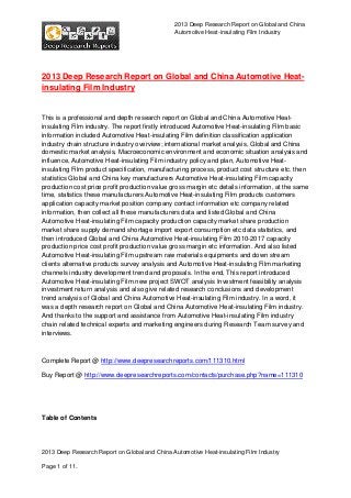 2013 Deep Research Report on Global and China
Automotive Heat-insulating Film Industry

2013 Deep Research Report on Global and China Automotive Heatinsulating Film Industry

This is a professional and depth research report on Global and China Automotive Heatinsulating Film industry. The report firstly introduced Automotive Heat-insulating Film basic
information included Automotive Heat-insulating Film definition classification application
industry chain structure industry overview; international market analysis, Global and China
domestic market analysis, Macroeconomic environment and economic situation analysis and
influence, Automotive Heat-insulating Film industry policy and plan, Automotive Heatinsulating Film product specification, manufacturing process, product cost structure etc. then
statistics Global and China key manufacturers Automotive Heat-insulating Film capacity
production cost price profit production value gross margin etc details information, at the same
time, statistics these manufacturers Automotive Heat-insulating Film products customers
application capacity market position company contact information etc company related
information, then collect all these manufacturers data and listed Global and China
Automotive Heat-insulating Film capacity production capacity market share production
market share supply demand shortage import export consumption etc data statistics, and
then introduced Global and China Automotive Heat-insulating Film 2010-2017 capacity
production price cost profit production value gross margin etc information. And also listed
Automotive Heat-insulating Film upstream raw materials equipments and down stream
clients alternative products survey analysis and Automotive Heat-insulating Film marketing
channels industry development trend and proposals. In the end, This report introduced
Automotive Heat-insulating Film new project SWOT analysis Investment feasibility analysis
investment return analysis and also give related research conclusions and development
trend analysis of Global and China Automotive Heat-insulating Film industry. In a word, it
was a depth research report on Global and China Automotive Heat-insulating Film industry.
And thanks to the support and assistance from Automotive Heat-insulating Film industry
chain related technical experts and marketing engineers during Research Team survey and
interviews.

Complete Report @ http://www.deepresearchreports.com/111310.html
Buy Report @ http://www.deepresearchreports.com/contacts/purchase.php?name=111310

Table of Contents

2013 Deep Research Report on Global and China Automotive Heat-insulating Film Industry
Page 1 of 11.

 
