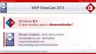 SESSÃO: DESENVOLVIMENTO

TRILHA: WINDOWS STORE APPS

MVP ShowCast 2013

Windows 8.1:
O que mudou para o desenvolvedor?

© 2013, MVP ShowCast. Evento organizado por MVPs do Brasil com apoio da Microsoft.

 