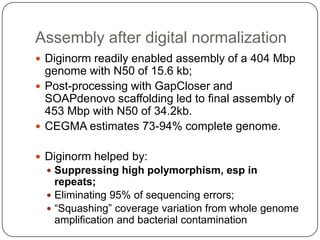 Assembly after digital normalization
 Diginorm readily enabled assembly of a 404 Mbp
  genome with N50 of 15.6 kb;
 Post-processing with GapCloser and
  SOAPdenovo scaffolding led to final assembly of
  453 Mbp with N50 of 34.2kb.
 CEGMA estimates 73-94% complete genome.


 Diginorm helped by:
   Suppressing high polymorphism, esp in
    repeats;
   Eliminating 95% of sequencing errors;
   “Squashing” coverage variation from whole genome
    amplification and bacterial contamination
 