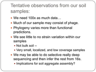 Tentative observations from our soil
samples:
 We need 100x as much data…
 Much of our sample may consist of phage.
 Phylogeny varies more than functional
  predictions.
 We see little to no strain variation within our
  samples
   Not bulk soil --
   Very small, localized, and low coverage samples
 We may be able to do selective really deep
  sequencing and then infer the rest from 16s.
   Implications for soil aggregate assembly?
 