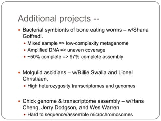 Additional projects --
 Bacterial symbionts of bone eating worms – w/Shana
  Goffredi.
   Mixed sample => low-complexity metagenome
   Amplified DNA => uneven coverage
   ~50% complete => 97% complete assembly


 Molgulid ascidians – w/Billie Swalla and Lionel
  Christiaen.
   High heterozygosity transcriptomes and genomes


 Chick genome & transcriptome assembly – w/Hans
  Cheng, Jerry Dodgson, and Wes Warren.
   Hard to sequence/assemble microchromosomes
 