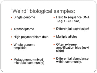 “Weird” biological samples:
 Single genome             Hard to sequence DNA
                              (e.g. GC/AT bias)

 Transcriptome             Differential expression!

 High polymorphism data    Multiple alleles

 Whole genome              Often extreme
 amplified                   amplification bias (next
                             slide)

 Metagenome (mixed         Differential abundance
 microbial community)        within community.
 