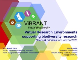 Virtual Research Environments
supporting biodiversity research
Needs & priorities for Horizon 2020
Vince Smith
ViBRANT Coordinator
Natural History Museum, London
vince@vsmith.info
ViBRANT
Virtual Biodiversity
6-7th March 2013
10th e-Concertation Meeting, Brussels
Track 4: Digital environments for collaboration
 