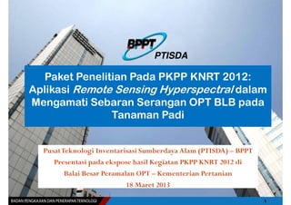 PTISDA

  Paket Penelitian Pada PKPP KNRT 2012:
Aplikasi Remote Sensing Hyperspectral dalam
Mengamati Sebaran Serangan OPT BLB pada
               Tanaman Padi


  PusatTeknologi Inventarisasi Sumberdaya Alam (PTISDA) – BPPT
     Presentasi pada ekspose hasil Kegiatan PKPP KNRT 2012 di
        Balai Besar Peramalan OPT – Kementerian Pertanian
                           18 Maret 2013
 