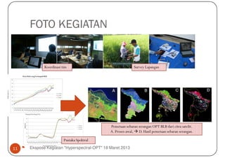 FOTO KEGIATAN


            Koordinasi tim                                  Survey Lapangan




                                             Pemetaan sebaran serangan OPT BLB dari citra satelit.
                                             A. Proses awal, D. Hasil pemetaan sebaran serangan.

                        Pustaka Spektral

11   Ekspose Kegiatan "Hyperspectral-OPT" 18 Maret 2013
 