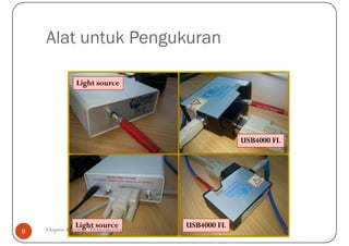 Alat untuk Pengukuran

               Light source




                                                                      USB4000 FL




               Light source
    Ekspose Kegiatan "Hyperspectral-OPT" 18 Maret 2013
                                                         USB4000 FL
8
 