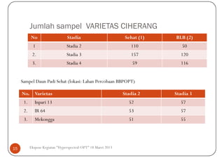 Jumlah sampel VARIETAS CIHERANG
           No                    Stadia                          Sehat (1)   BLB (2)
             1                   Stadia 2                          110          50
            2.                   Stadia 3                          157         120
            3.                   Stadia 4                           59         116


     Sampel Daun Padi Sehat (lokasi: Lahan Percobaan BBPOPT)

     No.      Varietas                                          Stadia 2     Stadia 3
      1.      Inpari 13                                           52           57
      2.      IR 64                                               53           57
      3.      Mekongga                                            51           55




15         Ekspose Kegiatan "Hyperspectral-OPT" 18 Maret 2013
 