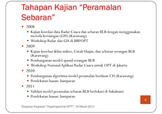 Tahapan Kajian “Peramalan
Sebaran”
Sebaran”
   2008
      Kajian korelasi data Radar Cuaca dan sebaran BLB dengan menggunakan
      metoda keruangan (GIS) (Karawang)
      Workshop Radar dan GIS di BBPOPT
   2009
      Kajian korelasi iklim mikro, Curah Hujan, dan sebaran serangan BLB
      (Karawang)
      Pembangunan model spasial serangan BLB
      Workshop Nasional Aplikasi Radar Cuaca untuk OPT di Jakarta
   2010
      Pembangunan algoritma model peramalan berdasar CH (Karawang)
      Pendekatan luasan: hamparan
   2011
      Validasi model peramalan sebaran BLB berlokasi di Sukabumi
      Pendekatan luasan: hamparan
                                                                            4

Ekspose Kegiatan "Hyperspectral-OPT", 18 Maret 2013
 