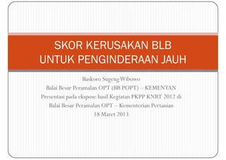 SKOR KERUSAKAN BLB
UNTUK PENGINDERAAN JAUH
                  Baskoro SugengWibowo
  Balai Besar Peramalan OPT (BB POPT) – KEMENTAN
Presentasi pada ekspose hasil Kegiatan PKPP KNRT 2012 di
   Balai Besar Peramalan OPT – Kementerian Pertanian
                      18 Maret 2013
 