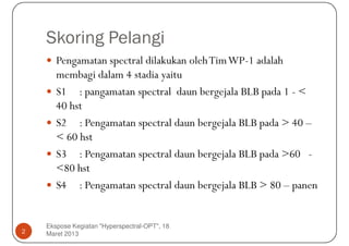 Skoring Pelangi
       Pengamatan spectral dilakukan oleh Tim WP-1 adalah
       membagi dalam 4 stadia yaitu
       S1 : pangamatan spectral daun bergejala BLB pada 1 - <
       40 hst
       S2 : Pengamatan spectral daun bergejala BLB pada > 40 –
       < 60 hst
       S3 : Pengamatan spectral daun bergejala BLB pada >60 -
       <80 hst
       S4 : Pengamatan spectral daun bergejala BLB > 80 – panen


    Ekspose Kegiatan "Hyperspectral-OPT", 18
2   Maret 2013
 