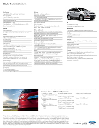 ESCAPE Standard Features



Mechanical                                                               Exterior
6-speed SelectShift Automatic® transmission                              Body-color front and rear fascias
with Sport Mode                                                          Body-color rear spoiler
4-wheel independent suspension                                           Easy Fuel® capless fuel filler
Electric power-assisted steering                                         Power sideview mirrors with integrated blind spot mirrors
Front and rear stabilizer bar                                            and manual fold-away design
Front-wheel drive (FWD)                                                  Rear-window defroster                                                         S
Power disc brakes with Anti-Lock Brake System (ABS)                      Solar-tinted glass                                                            Equipment Group 100A
Torque Vectoring Control                                                 Windshield wipers – Front: variable-intermittent with                         Includes all standard features, plus:
                                                                         washer; rear: 2-speed with washer
Seating                                                                                                                                                Mechanical
Front bucket seats                                                       Safety & Security                                                             2.5L Duratec® I-4 engine (includes active grille shutters)
60/40 split-fold rear bench seat with tip-fold-flat latch                3-point safety belt restraint system for all seating positions
                                                                         Adjustable head restraints at all 5 seating positions                         Seating
Interior                                                                 AdvanceTrac® with RSC® (Roll Stability Control™)                              6-way manual driver’s seat
Adjustable driver and front-passenger sun visors                         and Curve Control                                                             Cloth seats
with covered vanity mirrors                                              Battery saver with headlamps-off delay
Air conditioning                                                                                                                                       Interior
                                                                         Belt-Minder® front safety belt reminder
Cargo floor hooks                                                                                                                                      AM/FM stereo/single-CD player with MP3 capability
                                                                         Driver’s knee airbag 1                                                        and 6 speakers
Coat hooks (2)                                                           Front height-adjustable shoulder safety belts                                 Auxiliary audio input jack
Front (2) and rear (2) assist handles                                    Front-seat side airbags1                                                      Cupholders (6)
Front and rear dome lights with front map lights                         LATCH – Lower Anchors and Tether Anchors for Children
and rear cargo area light                                                                                                                              Front carpeted floor mats
                                                                         (rear outboard seating positions)
Front-row center console with armrest                                    MyKey ®                                                                       Exterior
Illuminated Entry System                                                 Personal Safety System™ with dual-stage front airbags1                        17" steel wheels with Sparkle Silver-painted wheel covers
Message center                                                                                                                                         and P235/55R17 all-season BSW tires
                                                                         Safety Canopy® System with side-curtain airbags1
Overhead console with sunglasses holder                                  and rollover sensor                                                           Black door handles, upper and lower grilles and sideview mirrors
Power door locks with child-safety rear door locks                       SecuriLock® Passive Anti-Theft System                                         Quad-beam halogen headlamps
Power windows with one-touch-down driver’s side                          SOS Post-Crash Alert System™2 unlocks doors, flashes                          Remote Keyless Entry System with integrated keyhead
window feature                                                           hazard lights and sounds horn after airbag deployment or                      transmitter remotes (2)
Rear-seat in-floor storage compartment                                   safety belt pretensioner activation in certain collisions
Seat-side storage trays for driver and front passenger                   Tire Pressure Monitoring System (excludes spare)
Steering wheel-mounted cruise and audio controls
Tachometer
Three 12-volt powerpoints
Tilt/telescoping steering column




                                                                                         Horsepower, Torque & EPA-Estimated Fuel Economy
                                                                                         2.5L Duratec I-4 Engine          Horsepower: 168 @ 6,000 rpm                     Torque (lb.-ft.): 170 @ 4,500 rpm
                                                                                            6-speed SelectShift Automatic
                                                                                               FWD                        22 city/31 hwy/25 combined mpg
                                                                                         1.6L EcoBoost I-4 Engine         Horsepower: 178 @ 5,700 rpm3                    Torque: 184 @ 2,500 rpm3
                                                                                            6-speed SelectShift Automatic
                                                                                               FWD                        23 city/33 hwy/26 combined mpg
                                                                                               4WD                        22 city/30 hwy/25 combined mpg
                                                                                         2.0L EcoBoost I-4 Engine         Horsepower: 240 @ 5,500 rpm3                    Torque: 270 @ 3,000 rpm3
                                                                                            6-speed SelectShift Automatic
                                                                                               FWD                        22 city/30 hwy/25 combined mpg
                                                                                               4WD                        21 city/28 hwy/24 combined mpg




1
Always wear your safety belt and secure children in the rear seat. 2SOS hardware may become damaged or the battery may lose power in a crash,
which could prevent operation. Not all crashes will activate an airbag or safety belt pretensioner. 3 Figures achieved using premium unleaded gasoline.
Comparisons based on 2012/2013 competitive models (class is Small Utilities), publicly available information and Ford certification data at time of release.
Some features discussed may be optional. Vehicles shown may contain optional equipment. Features shown may be offered only in combination with
other options or subject to additional ordering requirements or limitations. Dimensions shown may vary due to optional features and/or production
variability. Following release of the PDF, certain changes in standard equipment, options and the like, or product delays may have occurred which
would not be included in these pages. Your Ford Dealer is the best source for up-to-date information. Ford Division reserves the right to change                   2013 ALL-NEW ESCAPE
product specifications at any time without incurring obligations.                                                                                                                       ford.com
 