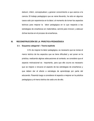 deducir, inferir, conceptualizar y generar conocimiento a que acerca a la
ciencia. El trabajo pedagógico que se viene llevando, ha sido en algunos
casos solo por experiencia en la labor; al momento de tomar los aspectos
teóricos para mejorar la labor pedagógica en lo que respecta a las
estrategias de enseñanza en matemática, servirá para innovar y adecuar
dichas teorías en el proceso de enseñanza.
III. RECONSTRUCCIÓN DE LA PRÁCTICA PEDAGÓGICA
3.1. Esquema categorial – Teoría explícita
A fin de mejorar la labor pedagógica, es necesario que se revise el
marco teórico de los aspectos que se tiene dificultad y así poner en la
práctica, realizando alginas adecuaciones al contexto; se considera que el
aspecto motivacional es importante, para que ello ocurra es necesario
que se mejore o renueve el aspecto de las estrategias de enseñanza y
que deben dar el efecto a estrategia de aprendizaje por parte del
educando. Pasando luego a considerar el aspecto a mejorar en la práctica
pedagógica y el marco teórico de cada uno de ello.
 
