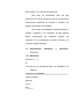 Sierra, (2003, p. 91), menciona al respecto que:
Esta forma de razonamiento tiene una gran
importancia en la ciencia, porque es el que se usa para derivar
consecuencias específicas de principios o hipótesis, que
después se contrastan con la realidad.
Si en la tesis i la investigación científica partimos de n
principio, o llegamos a una conclusión, de ellos podemos
derivar consecuencias que constituyen hipótesis que
comprobar. Si la comprobación es positiva el principio y la
conclusión resultan reforzados.
1.3. Razonamientos alternativos y disyuntivos.-
Comprende:
1.3.1. Alternativos
Unidos por “o … o”
Ej:
“Una figura de una cantidad de lados o es cuadrilátero o es
polígonos”
La figura no es cuadrilátero____________________________
Luego es polígono
Esquema:
O p ó q
No p_____
 