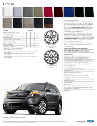 Limited



A                       B                         C                      D                       E                       F                        G                    H                      I


                                                                                                                                               Available Equipment Groups
                                                                                                                                               Equipment Group 301A – Voice-activated Navigation System
                                                                                                                                               with SD card for map and POI storage, and integrated SiriusXM
                                                                                                                                               Traffic and Travel Link with 6-month trial subscription + power
                                                                                                                                               liftgate + heated steering wheel + power-tilt/-telescoping
1                       2                         3                      4                       5                                             steering column + Luxury Seating Package includes PowerFold®
                                                                                                                                               3rd-row seat, perforated leather-trimmed seats, heated and
                                                                                                                                               cooled driver and front-passenger seats, and 10-way power
Exteriors                                                  Interiors
                                                                                                                                               front-passenger seat with power lumbar
A White Platinum Metallic Tri-coat 1          1        2       3         4        5
                                                                                                                                               Equipment Group 302A – Includes all content of 301A + active
B Ingot Silver Metallic                       1        2       3         4                                                                     park assist + Lane Keeping System + adaptive cruise control
C Sterling Gray Metallic                      1        2       3         4        5                                                            and collision warning with brake support + rain-sensing wipers
D Ginger Ale Metallic                         1        2       3         4                                                                     + HID headlamps with auto high beams + BLIS® Plus Inflatable
                                                                                                                                               Rear Safety Belt Package includes BLIS (Blind Spot Information
E Ruby Red Metallic Tinted Clearcoat 1        1        2       3         4                                                                     System) with cross-traffic alert and inflatable rear safety belts
F Kodiak Brown Metallic                       1        2       3         4        5                                                            in 2nd-row outboard seating positions
G Deep Impact Blue Metallic                   1        2       3         4        5                                                            Equipment Group 303A – Includes all content of 302A + 2.0L
H Green Gem Metallic                          1        2       3         4                                                                     EcoBoost® I-4 engine with 6-speed automatic transmission
I Tuxedo Black Metallic                       1        2       3         4        5                  20" Painted Aluminum
                                                                                                                                               Available Packages
                                                                                                           Standard
1 Medium Light Stone Leather – Standard                                                                                                        BLIS Plus Inflatable Rear Safety Belt Package
2 Charcoal Black Leather – Standard                                                                                                            Class III Trailer Tow Package includes engine oil cooler
3 Medium Light Stone Leather with Perforated Inserts – Requires Luxury
                                                                                                                                               and 7-/4-pin wiring harness (n/a with EcoBoost engine)
  Seating Package
4 Charcoal Black Leather with Perforated Inserts – Requires Luxury
                                                                                                                                               Available Options
  Seating Package
5 Charcoal Black Leather with Pecan Perforated Inserts – Requires Luxury                                                                       2.0L EcoBoost I-4 engine with 6-speed automatic
  Seating Package                                                                                                                              transmission (n/a with 302A, Intelligent 4WD, Trailer Tow
                                                                                                                                               Package or SelectShift Automatic® transmission)
                                                                                                                                               20" polished aluminum wheels (requires 301A, 302A or 303A)
                                                                                                                                               2nd-row bucket seats (requires 301A, 302A or 303A)
                                                                                                                                               2nd-row center console (requires 2nd-row bucket seats
                                                                                                     20" Polished Aluminum                     and 301A, 302A or 303A)
                                                                                                            Available                          All-weather floor mats
                                                                                                                                               Ash cup/coin holder with lighter element
                                                                                                                                               Cargo security shade
                                                                                                                                               Dual head restraint DVD by INVISION™ 2
                                                                                                                                               Dual-panel moonroof
                                                                                                                                               Intelligent 4WD with Terrain Management System™
                                                                                                                                               and Hill Descent Control™ (n/a with EcoBoost engine)
                                                                                                                                               Power liftgate
                                                                                                                                               Rear bumper protector
                                                                                                                                               Roof-rail crossbars
                                                                                                                                               Splash guards
                                                                                                                                               Voice-activated Navigation System with SD card for map
                                                                                                                                               and POI storage, and integrated SiriusXM Traffic and Travel Link
                                                                                                                                               with 6-month trial subscription3
                                                                                                                                               Wheel lock kit




Sterling Gray Metallic. Available equipment.


1
  Additional charge. 2Ford Licensed Accessory. 3SYNC Services is not available with optional Navigation System with SiriusXM Traffic and Travel Link.                   2013 EXPLORER
Colors are representative only. See your dealer for actual paint/trim options.                                                                                                     ford.com
 
