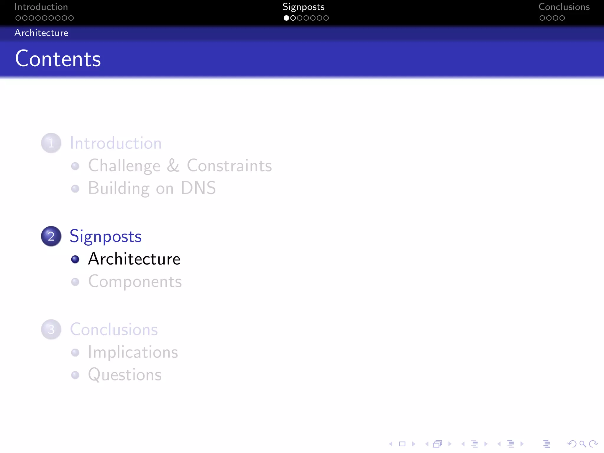 Introduction Signposts Conclusions
Architecture
Contents
1 Introduction
Challenge & Constraints
Building on DNS
2 Signposts
Architecture
Components
3 Conclusions
Implications
Questions
 