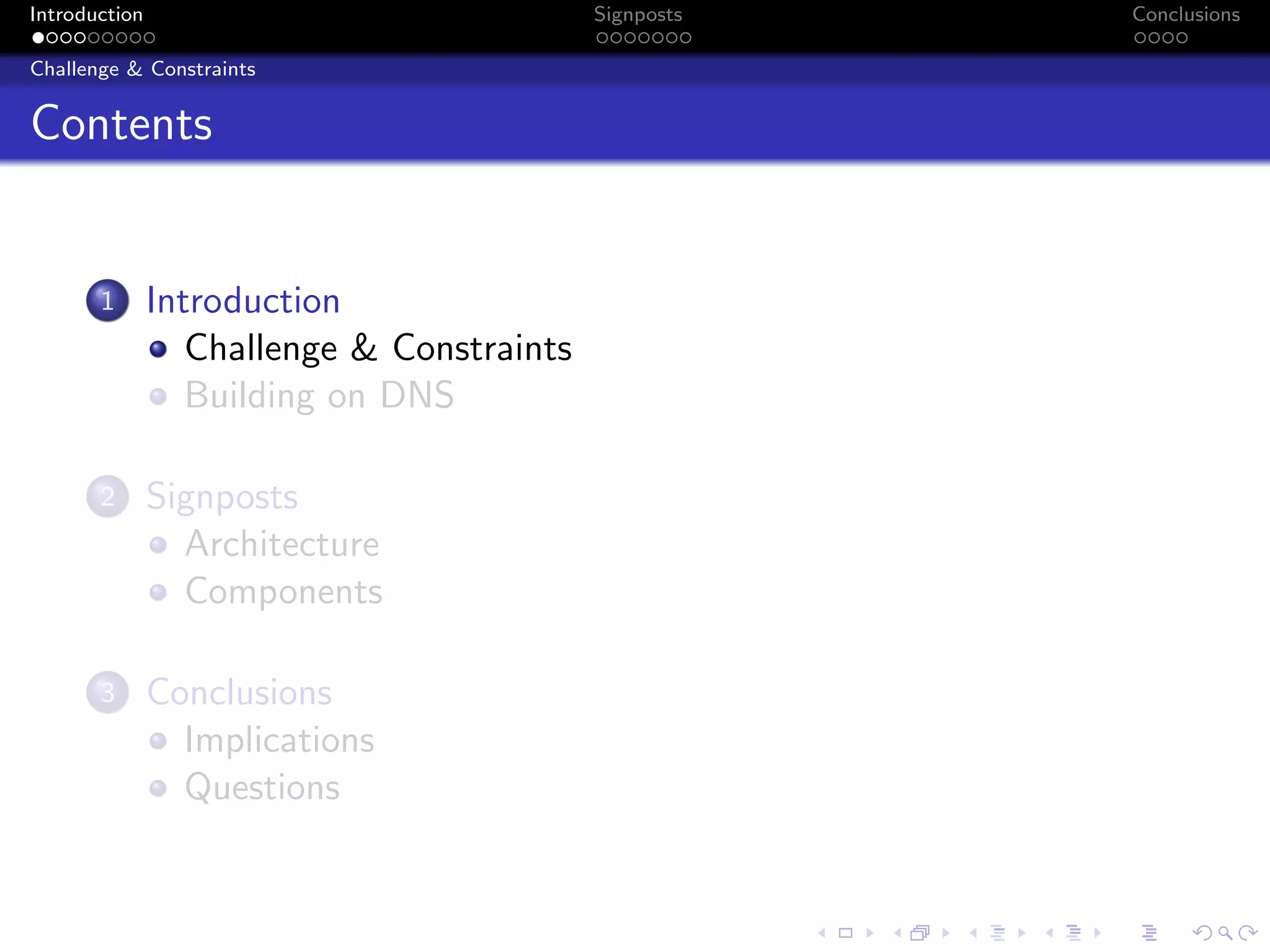 Introduction Signposts Conclusions
Challenge & Constraints
Contents
1 Introduction
Challenge & Constraints
Building on DNS
2 Signposts
Architecture
Components
3 Conclusions
Implications
Questions
 
