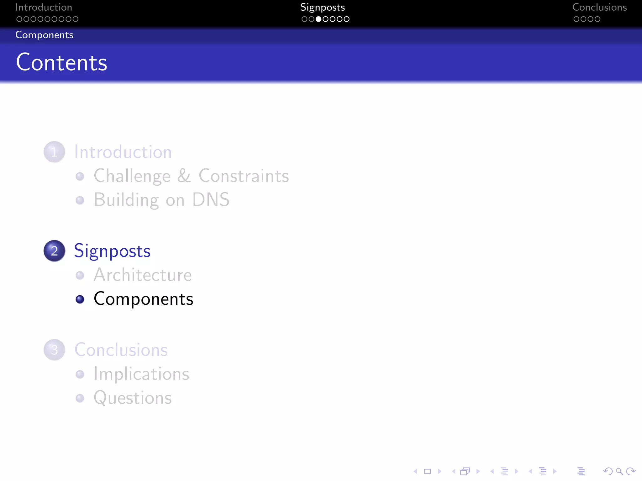 Introduction Signposts Conclusions
Components
Contents
1 Introduction
Challenge & Constraints
Building on DNS
2 Signposts
Architecture
Components
3 Conclusions
Implications
Questions
 
