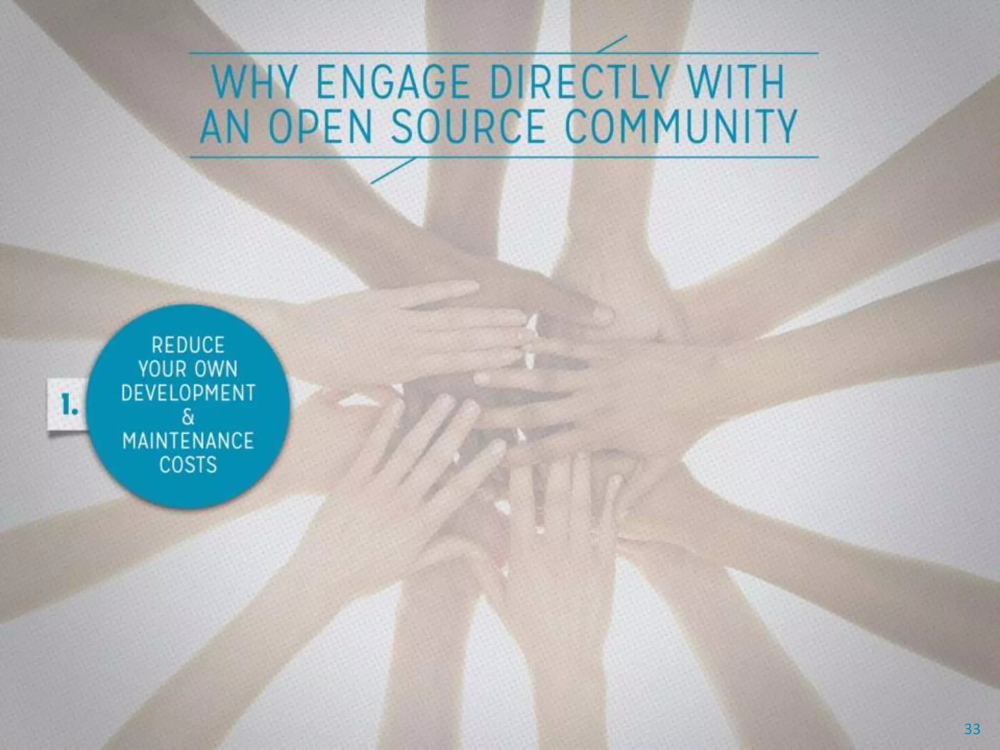 Companies Are Using OSS to
Attract Developer Talent
Compare results to 2012. Note
“Companies are using OSS to attract
developer talent.”
33
 