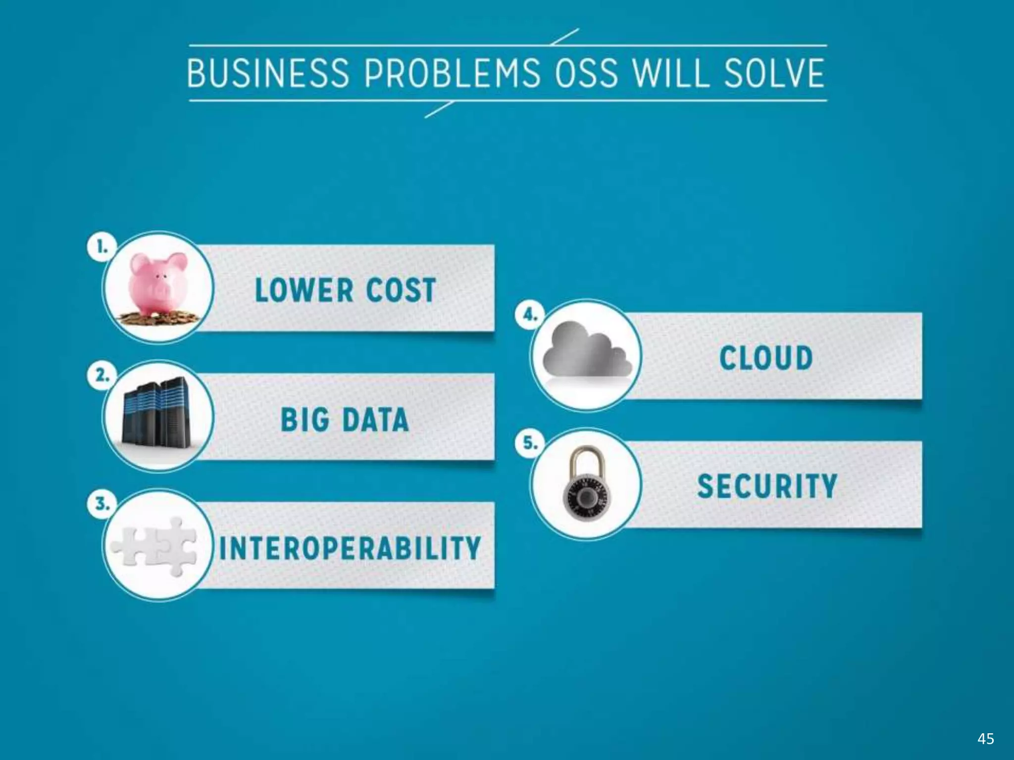 Business Problems OSS Will Solve
Word cloud depicting results (Lower
cost, Big Data, Integration…)
45
 
