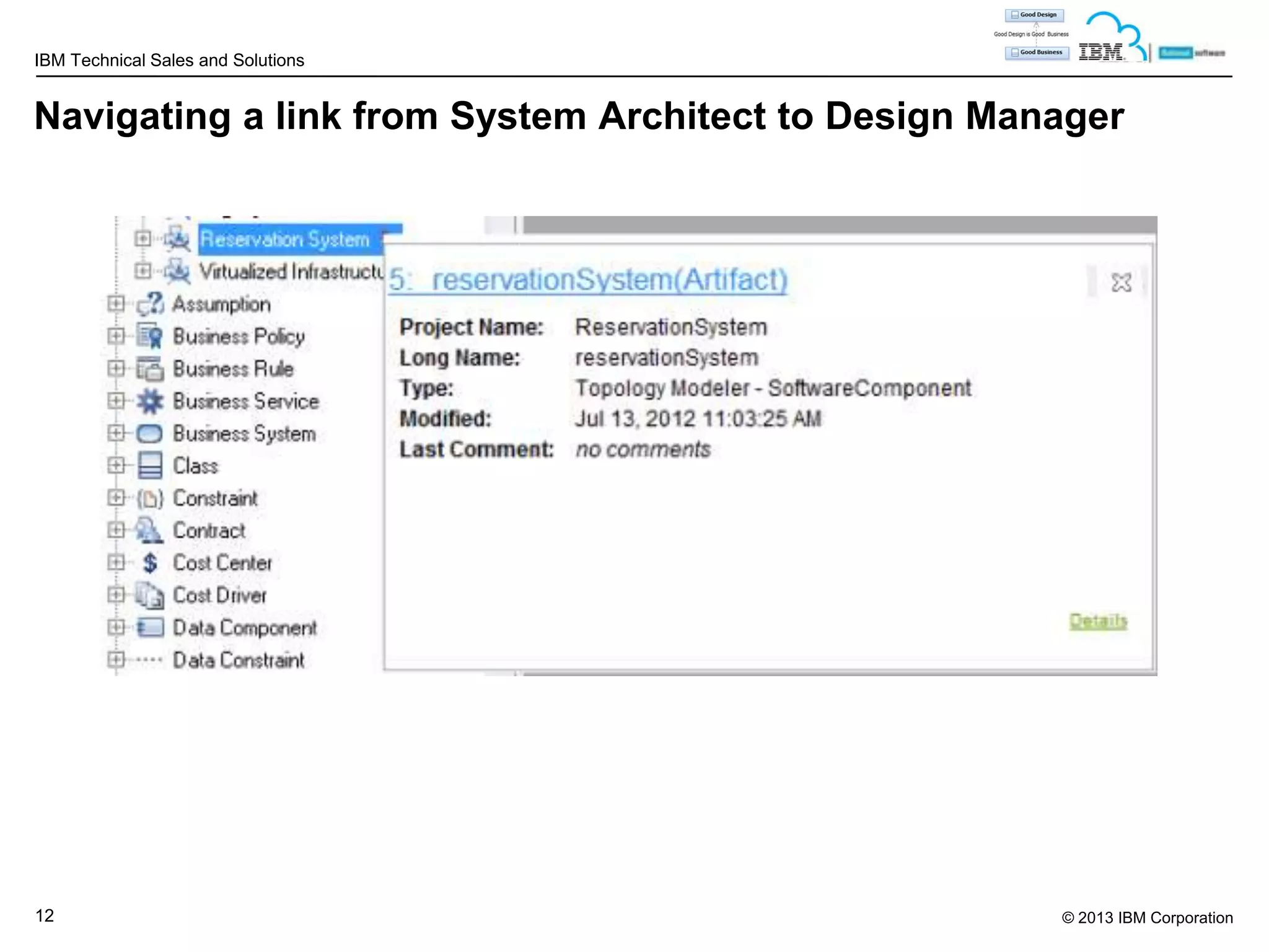 IBM Technical Sales and Solutions

Navigating a link from System Architect to Design Manager

12

© 2013 IBM Corporation

 