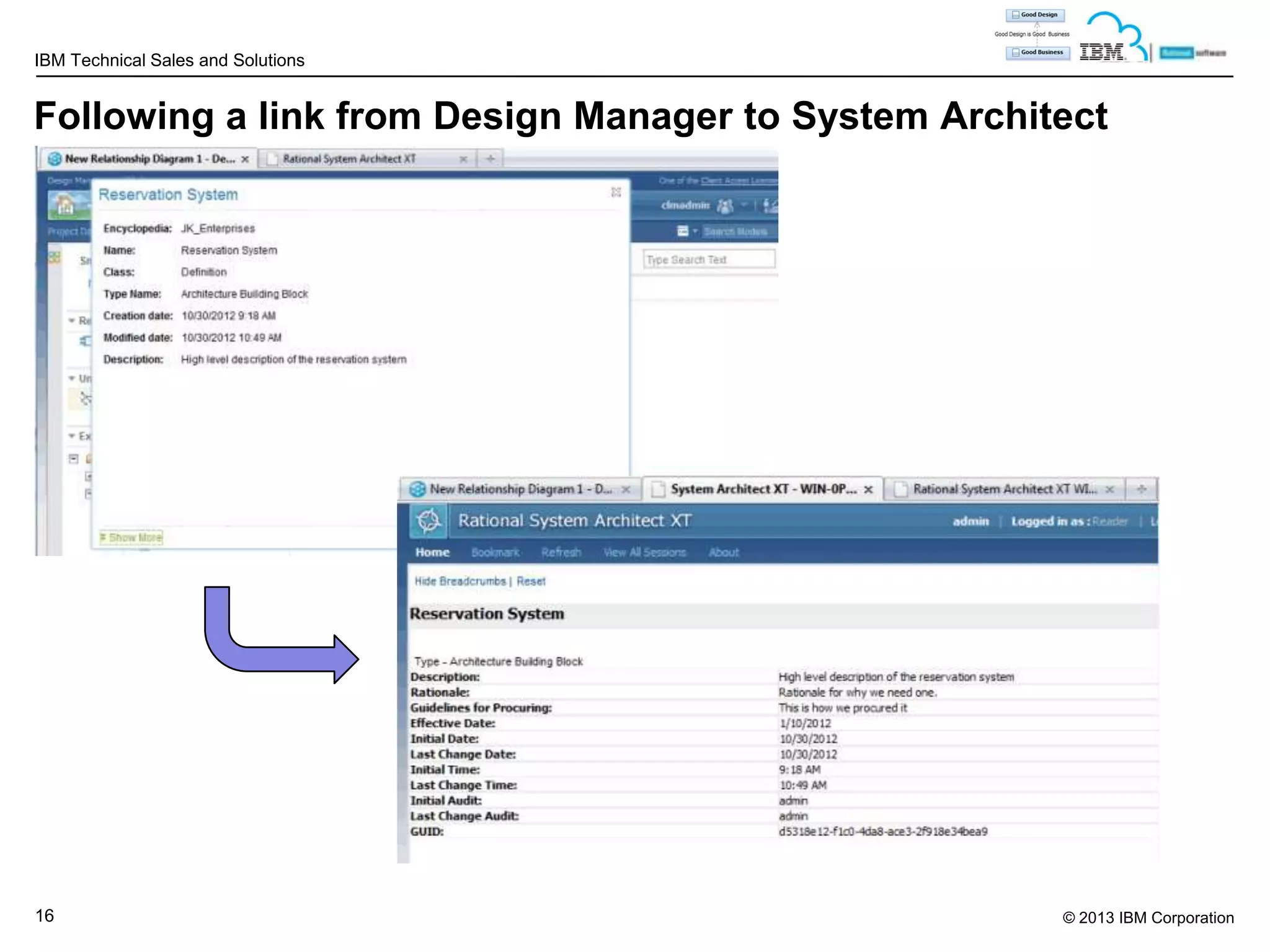 IBM Technical Sales and Solutions

Following a link from Design Manager to System Architect

16

© 2013 IBM Corporation

 