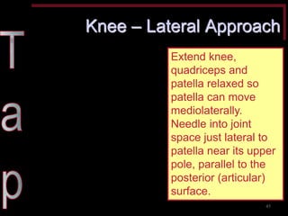 Knee – Lateral Approach 
Extend knee, quadriceps and patella relaxed so patella can move mediolaterally. Needle into joint space just lateral to patella near its upper pole, parallel to the posterior (articular) surface. 
45  