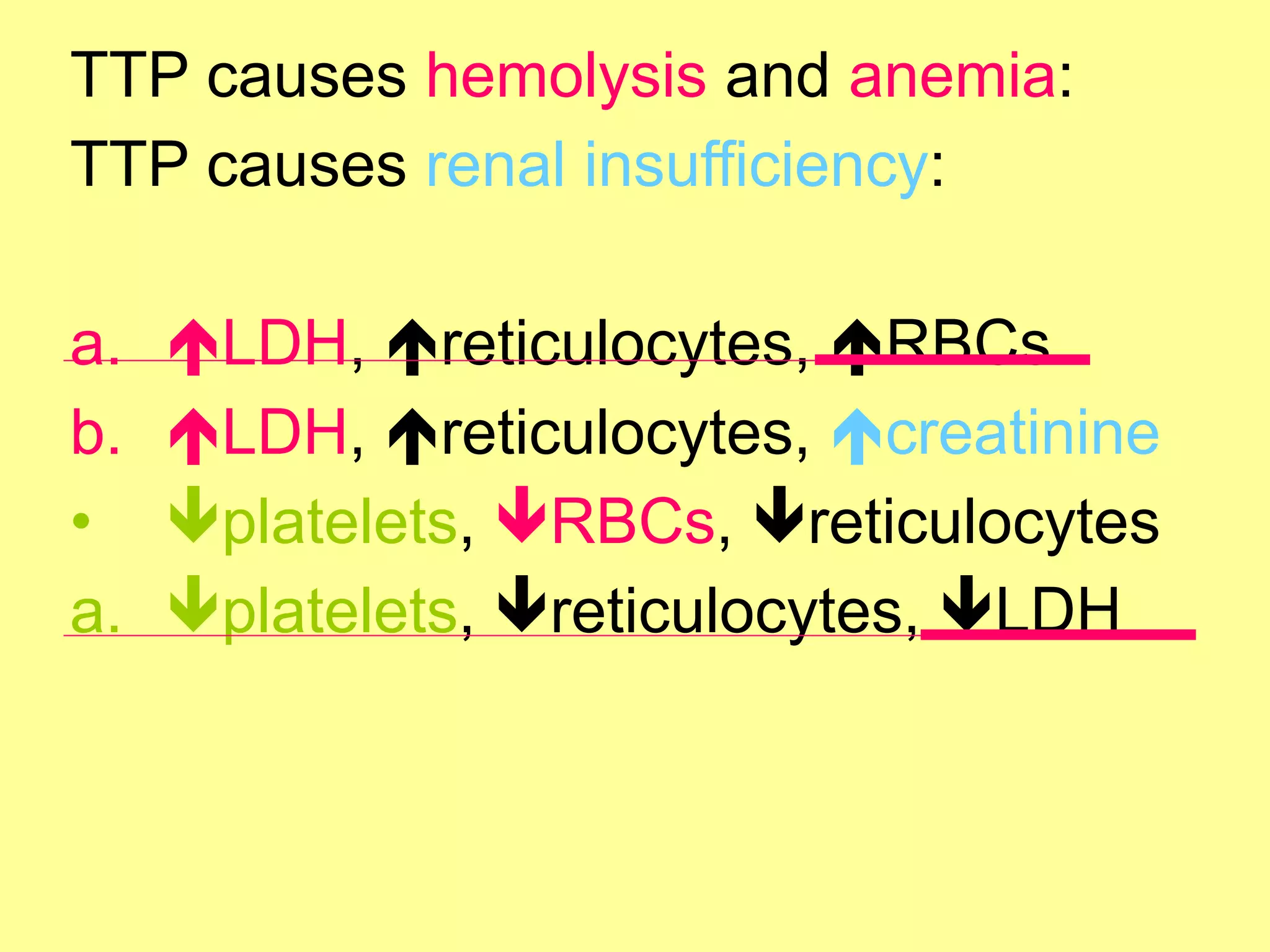 TTP causes hemolysis and anemia: 
TTP causes renal insufficiency: 
! 
a. !LDH, !reticulocytes, !RBCs 
b. !LDH, !reticulocytes, !creatinine 
• "platelets, "RBCs, "reticulocytes 
a. "platelets, "reticulocytes, "LDH 
 
