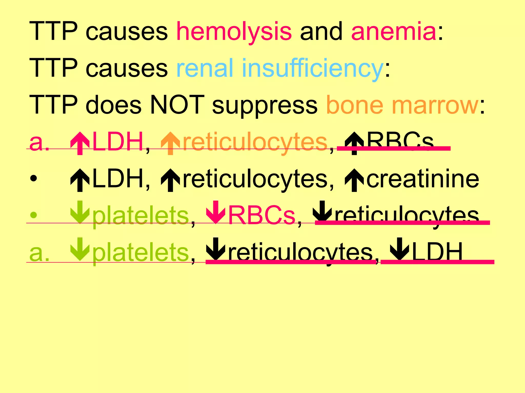 TTP causes hemolysis and anemia: 
TTP causes renal insufficiency: 
TTP does NOT suppress bone marrow: 
a. !LDH, !reticulocytes, !RBCs 
• !LDH, !reticulocytes, !creatinine 
• "platelets, "RBCs, "reticulocytes 
a. "platelets, "reticulocytes, "LDH 
 
