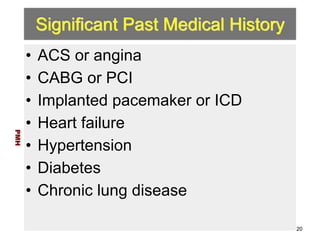 Significant Past Medical History 
• ACS or angina 
• CABG or PCI 
• Implanted pacemaker or ICD 
• Heart failure 
• Hypertension 
• Diabetes 
• Chronic lung disease 
PMH 
20 
 
