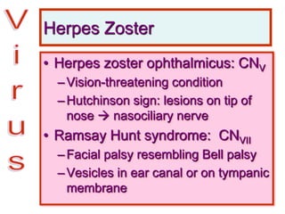 Herpes Zoster
• Herpes zoster ophthalmicus: CNV
–Vision-threatening condition
–Hutchinson sign: lesions on tip of
nose  nasociliary nerve
• Ramsay Hunt syndrome: CNVII
–Facial palsy resembling Bell palsy
–Vesicles in ear canal or on tympanic
membrane
 