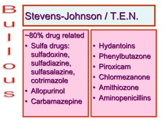Stevens-Johnson / T.E.N.
~80% drug related
• Sulfa drugs:
sulfadoxine,
sulfadiazine,
sulfasalazine,
cotrimazole
• Allopurinol
• Carbamazepine
• Hydantoins
• Phenylbutazone
• Piroxicam
• Chlormezanone
• Amithiozone
• Aminopenicillins
 