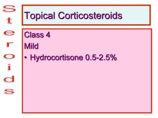 Topical Corticosteroids
Class 4
Mild
• Hydrocortisone 0.5-2.5%
 